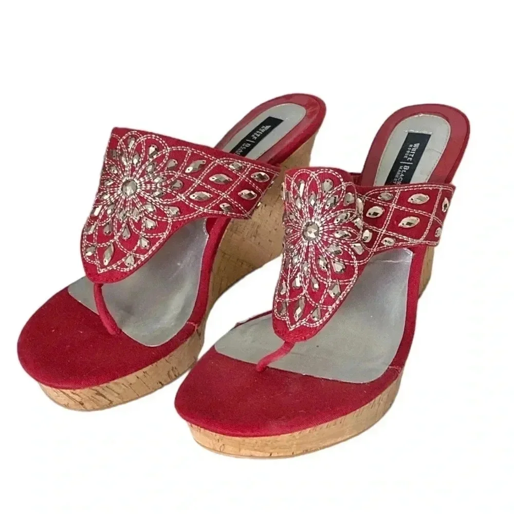 WHITE HOUSE BLACK MARKET | Kaley Red Wedges Silver Beads and Embroidery Size 10M
